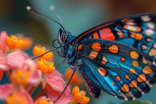 Beautiful butterfly on flower petals in colorful and highly detailed illustration. It can be used in lessons about insects, flowers, nature in books or use as wallpaper mobile phone screen, computer.