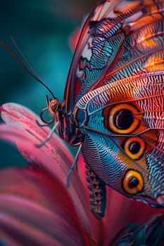 Beautiful butterfly on flower petals in colorful and highly detailed illustration. It can be used in lessons about insects, flowers, nature in books or use as wallpaper mobile phone screen, computer.