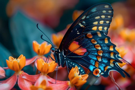 Beautiful butterfly on flower petals in colorful and highly detailed illustration. It can be used in lessons about insects, flowers, nature in books or use as wallpaper mobile phone screen, computer.