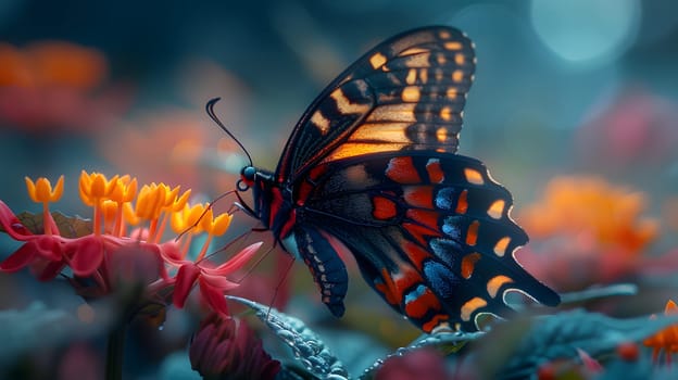 Beautiful butterfly on flower petals in colorful and highly detailed illustration. It can be used in lessons about insects, flowers, nature in books or use as wallpaper mobile phone screen, computer.