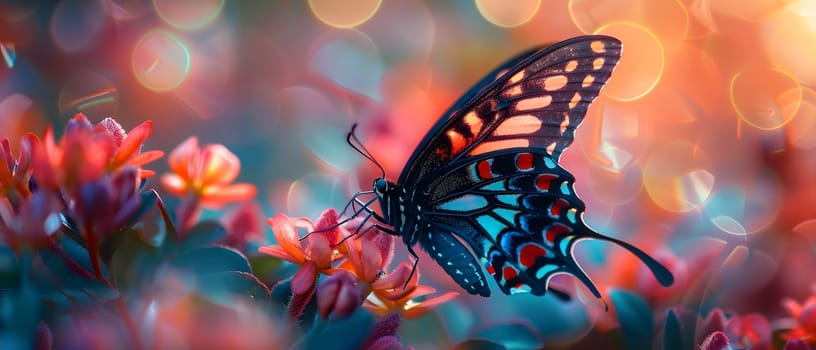 Beautiful butterfly on flower petals in colorful and highly detailed illustration. It can be used in lessons about insects, flowers, nature in books or use as wallpaper mobile phone screen, computer.