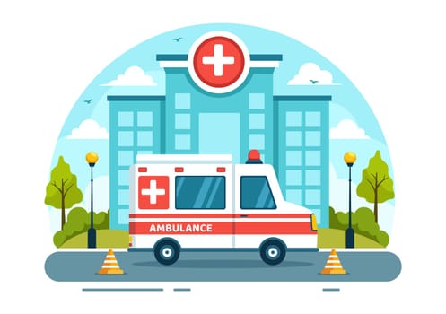 Medical Vehicle Ambulance Car or Emergency Service Vector Illustration for Pick Up Patient the Injured in an Accident in Flat Cartoon Background