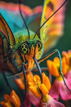 Beautiful butterfly on flower petals in colorful and highly detailed illustration. It can be used in lessons about insects, flowers, nature in books or use as wallpaper mobile phone screen, computer.