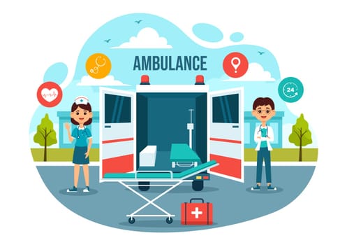 Medical Vehicle Ambulance Car or Emergency Service Vector Illustration for Pick Up Patient the Injured in an Accident in Flat Cartoon Background