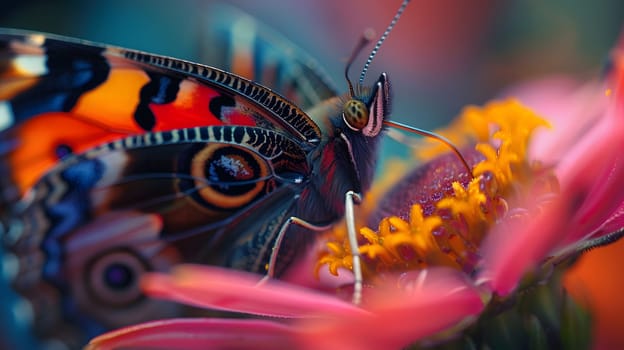 Beautiful butterfly on flower petals in colorful and highly detailed illustration. It can be used in lessons about insects, flowers, nature in books or use as wallpaper mobile phone screen, computer.