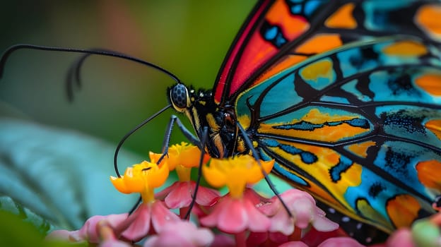 Beautiful butterfly on flower petals in colorful and highly detailed illustration. It can be used in lessons about insects, flowers, nature in books or use as wallpaper mobile phone screen, computer.