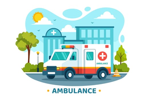 Medical Vehicle Ambulance Car or Emergency Service Vector Illustration for Pick Up Patient the Injured in an Accident in Flat Cartoon Background