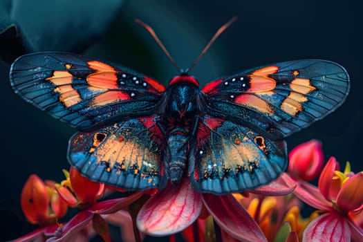 Beautiful butterfly on flower petals in colorful and highly detailed illustration. It can be used in lessons about insects, flowers, nature in books or use as wallpaper mobile phone screen, computer.