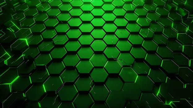 An abstract composition featuring a vibrant green hexagonal pattern against a dark backdrop, evoking a futuristic technological ambiance. The interlocking hexagons create a mesmerizing honeycomb effect, symbolizing innovation and advancement.