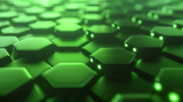 An abstract composition featuring a vibrant green hexagonal pattern against a dark backdrop, evoking a futuristic technological ambiance. The interlocking hexagons create a mesmerizing honeycomb effect, symbolizing innovation and advancement.