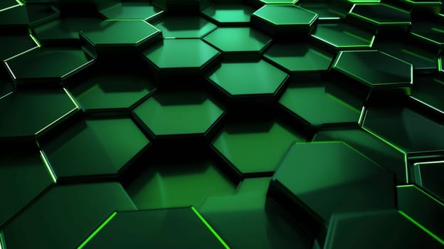 An abstract composition featuring a vibrant green hexagonal pattern against a dark backdrop, evoking a futuristic technological ambiance. The interlocking hexagons create a mesmerizing honeycomb effect, symbolizing innovation and advancement.