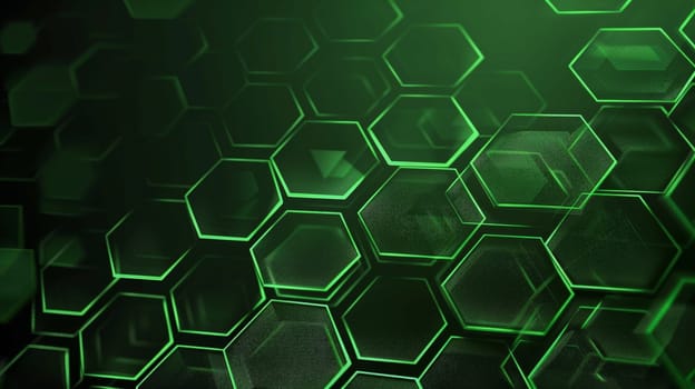 An abstract composition featuring a vibrant green hexagonal pattern against a dark backdrop, evoking a futuristic technological ambiance. The interlocking hexagons create a mesmerizing honeycomb effect, symbolizing innovation and advancement.