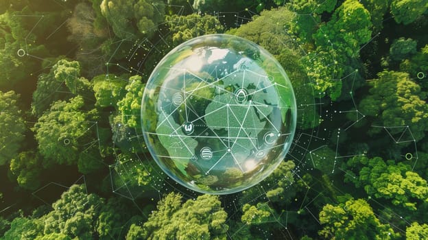 A glass globe nestled within a lush green forest, symbolizing environmental sustainability with icons representing ESG, CO2 reduction, circular economy, and net-zero initiatives. Technology and nature converge for sustainable development.