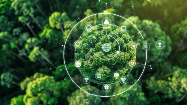 A glass globe nestled within a lush green forest, symbolizing environmental sustainability with icons representing ESG, CO2 reduction, circular economy, and net-zero initiatives. Technology and nature converge for sustainable development.