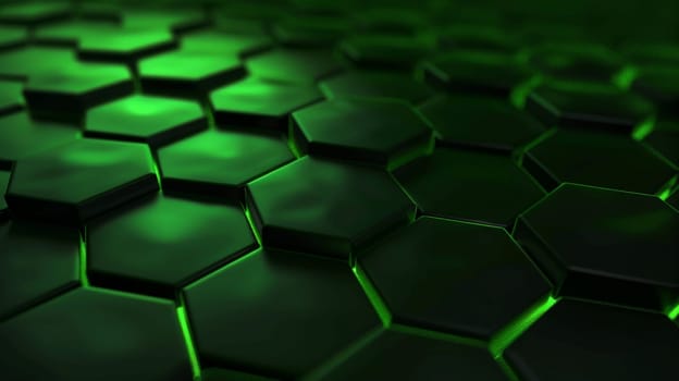 An abstract composition featuring a vibrant green hexagonal pattern against a dark backdrop, evoking a futuristic technological ambiance. The interlocking hexagons create a mesmerizing honeycomb effect, symbolizing innovation and advancement.