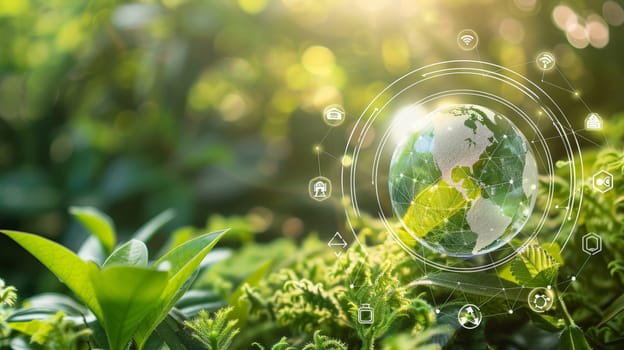 A glass globe nestled within a lush green forest, symbolizing environmental sustainability with icons representing ESG, CO2 reduction, circular economy, and net-zero initiatives. Technology and nature converge for sustainable development.