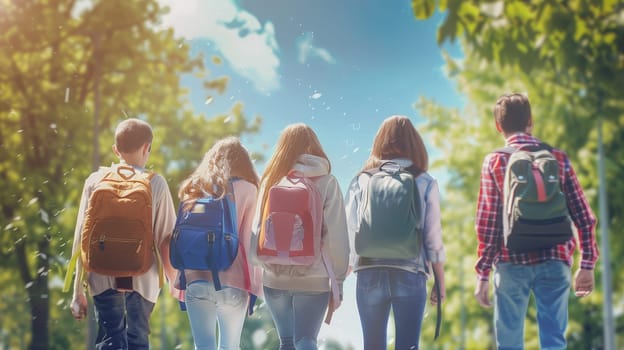 A heartwarming scene as a group of junior high school students walks together on their way to school, showcasing the bonds of childhood friendship. Viewed from behind, their camaraderie and shared experiences symbolize the joy of learning and growing together.