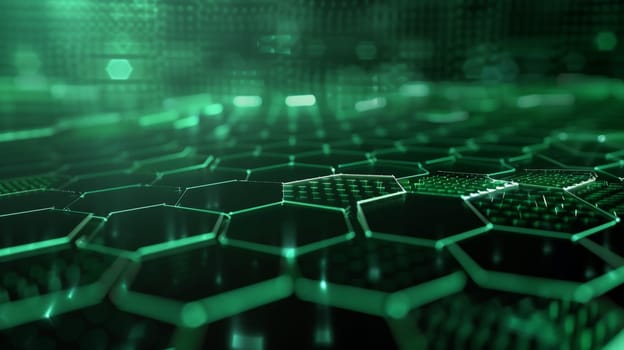 An abstract composition featuring a vibrant green hexagonal pattern against a dark backdrop, evoking a futuristic technological ambiance. The interlocking hexagons create a mesmerizing honeycomb effect, symbolizing innovation and advancement.