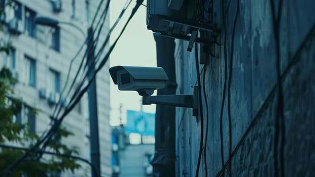 This image showcases professional surveillance cameras mounted on a modern building, enhancing the security system of the urban landscape. The CCTV cameras, positioned strategically, provide robust video equipment for monitoring and ensuring safety in the area.