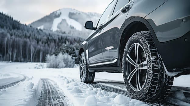 A side view of a gray car equipped with winter tires navigating a snowy road, ensuring safe and reliable travel in wintry conditions.