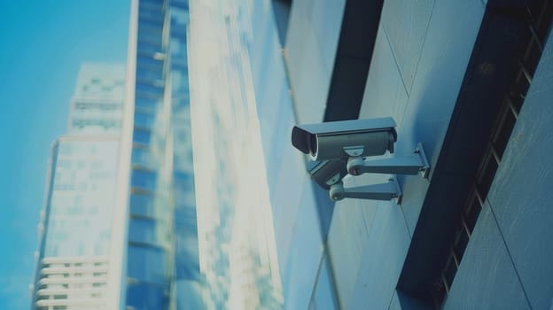 This image showcases professional surveillance cameras mounted on a modern building, enhancing the security system of the urban landscape. The CCTV cameras, positioned strategically, provide robust video equipment for monitoring and ensuring safety in the area.