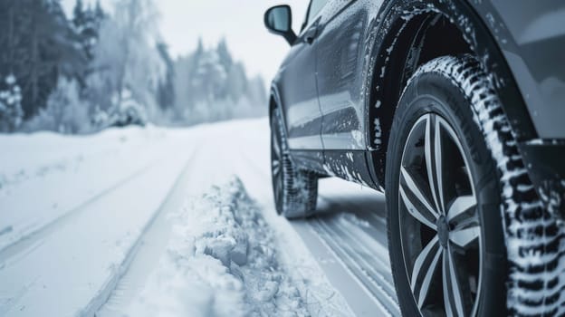 A side view of a gray car equipped with winter tires navigating a snowy road, ensuring safe and reliable travel in wintry conditions.