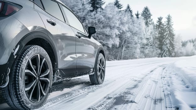 A side view of a gray car equipped with winter tires navigating a snowy road, ensuring safe and reliable travel in wintry conditions.