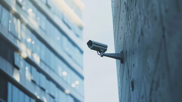 This image showcases professional surveillance cameras mounted on a modern building, enhancing the security system of the urban landscape. The CCTV cameras, positioned strategically, provide robust video equipment for monitoring and ensuring safety in the area.