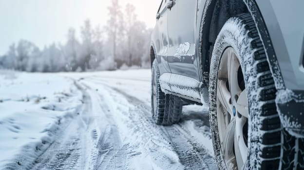 A side view of a gray car equipped with winter tires navigating a snowy road, ensuring safe and reliable travel in wintry conditions.