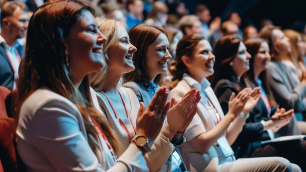 In this vibrant scene, happy colleagues sit together in a convention hall, applauding with enthusiasm during a seminar. Their faces radiate success and happiness as they celebrate achievements and milestones.