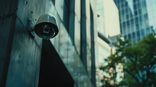 This image showcases professional surveillance cameras mounted on a modern building, enhancing the security system of the urban landscape. The CCTV cameras, positioned strategically, provide robust video equipment for monitoring and ensuring safety in the area.