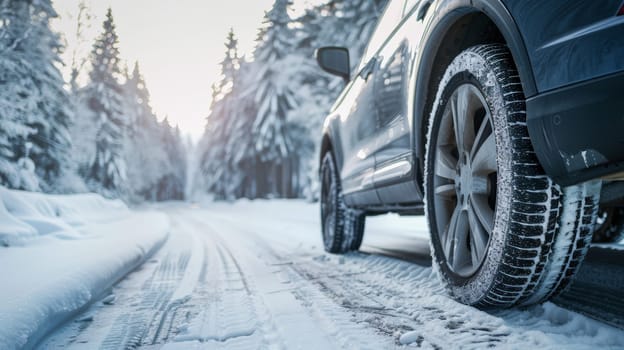 A side view of a gray car equipped with winter tires navigating a snowy road, ensuring safe and reliable travel in wintry conditions.