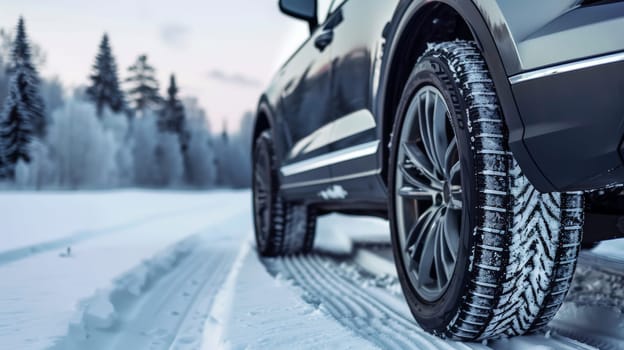 A side view of a gray car equipped with winter tires navigating a snowy road, ensuring safe and reliable travel in wintry conditions.