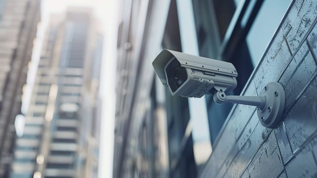 This image showcases professional surveillance cameras mounted on a modern building, enhancing the security system of the urban landscape. The CCTV cameras, positioned strategically, provide robust video equipment for monitoring and ensuring safety in the area.