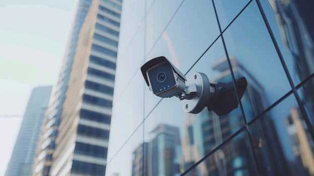 This image showcases professional surveillance cameras mounted on a modern building, enhancing the security system of the urban landscape. The CCTV cameras, positioned strategically, provide robust video equipment for monitoring and ensuring safety in the area.
