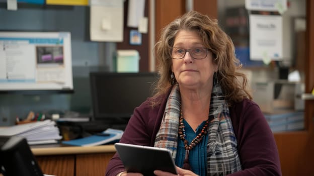 Capturing the essence of modern education, a dedicated middle-aged female teacher sits at her desk in the school office, equipped with a tablet, ready to engage with innovative teaching methods.