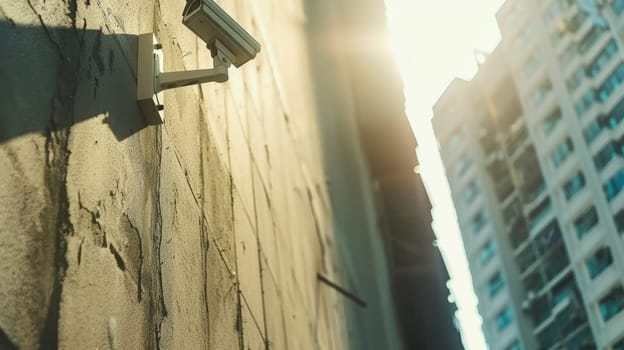 This image showcases professional surveillance cameras mounted on a modern building, enhancing the security system of the urban landscape. The CCTV cameras, positioned strategically, provide robust video equipment for monitoring and ensuring safety in the area.