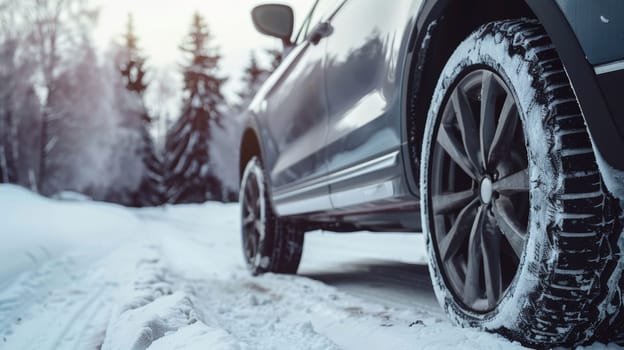 A side view of a gray car equipped with winter tires navigating a snowy road, ensuring safe and reliable travel in wintry conditions.