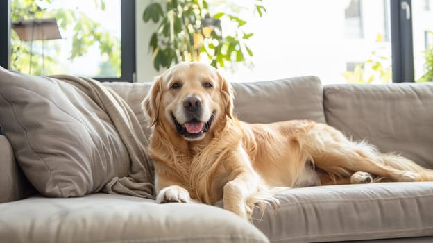 A contented golden retriever dog lounges comfortably on a plush sofa in a contemporary living room, embodying relaxation and warmth