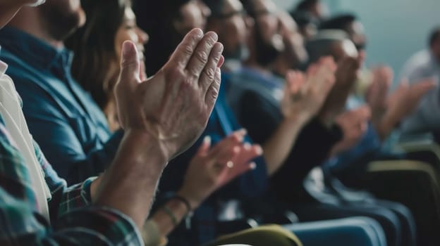 In this vibrant scene, happy colleagues sit together in a convention hall, applauding with enthusiasm during a seminar. Their faces radiate success and happiness as they celebrate achievements and milestones.