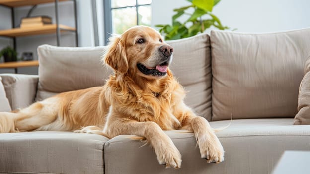A contented golden retriever dog lounges comfortably on a plush sofa in a contemporary living room, embodying relaxation and warmth