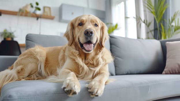 A contented golden retriever dog lounges comfortably on a plush sofa in a contemporary living room, embodying relaxation and warmth