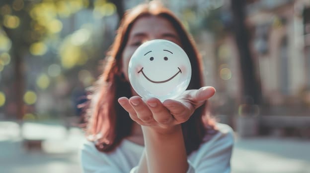 In this photo, a woman's hand tenderly holds a happy smile sphere, symbolizing the importance of positive thinking and mental health assessment. It embodies the essence of World Mental Health Day, advocating for well-being and happiness.
