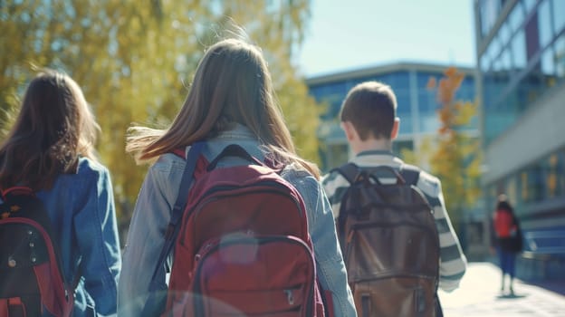 A heartwarming scene as a group of junior high school students walks together on their way to school, showcasing the bonds of childhood friendship. Viewed from behind, their camaraderie and shared experiences symbolize the joy of learning and growing together.