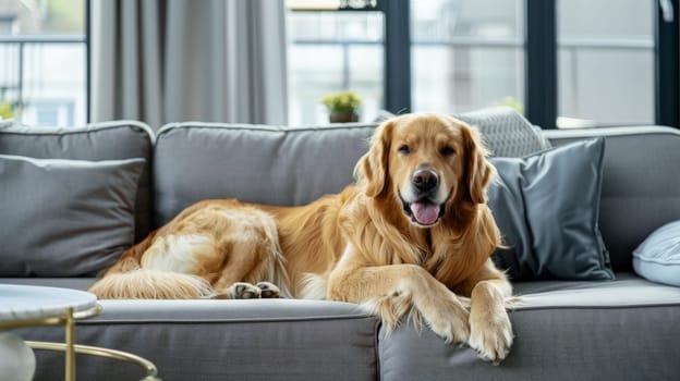 A contented golden retriever dog lounges comfortably on a plush sofa in a contemporary living room, embodying relaxation and warmth