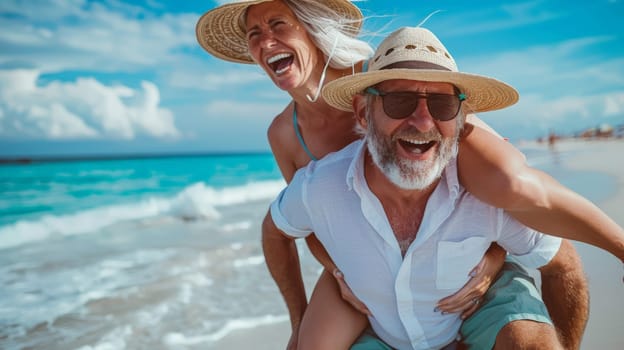 Experience the boundless happiness of a mature senior couple enjoying a carefree moment on the beach, as they share laughter and love while piggybacking under the radiant sun.