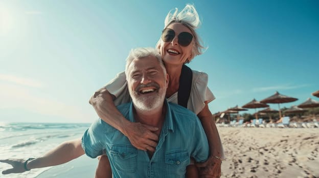 Experience the boundless happiness of a mature senior couple enjoying a carefree moment on the beach, as they share laughter and love while piggybacking under the radiant sun.