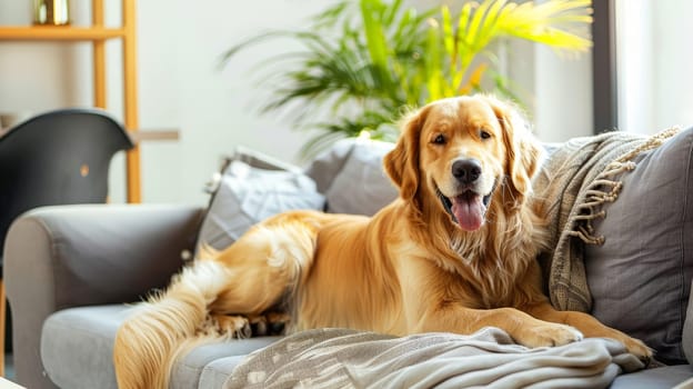 A contented golden retriever dog lounges comfortably on a plush sofa in a contemporary living room, embodying relaxation and warmth