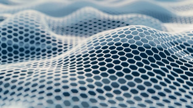 Dive into the ethereal world of graphene with our captivating abstract image, showcasing a delicate mesh pattern in striking shades of white and blue, evoking a sense of depth and complexity.