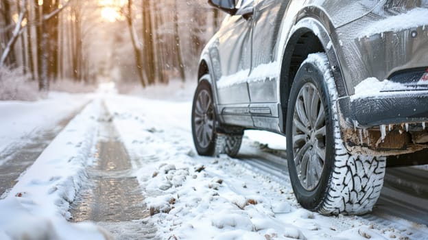 A side view of a gray car equipped with winter tires navigating a snowy road, ensuring safe and reliable travel in wintry conditions.
